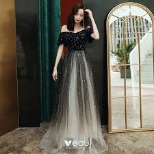 Chic Beautiful Black Evening Dresses 2020 A Line Princess Off The Shoulder Short Sleeve Star Embroidered Sequins Floor Length Long Ruffle Formal Dresses Black Evening Dresses Evening Dresses Formal Dresses