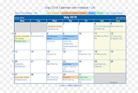 Hari raya haji (day 2) common local holiday: May 2019 Calendar With Holidays Uk January 2020 Calendar With Holidays Hd Png Download Vhv