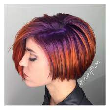 Short is the new trend! We Are Loving This Short Haircut With Its Bright Purple To Violet Base Melted Into A Fiery Copper Red Color De Hair Styles Short Hair Styles Short Hair Color