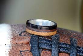 Mens Wedding Band African Blackwood Ncaa Football Leather And Jack Daniels Wood Inlay All Over Metal B Mens Wedding Bands Rings For Men Handmade Wood Rings