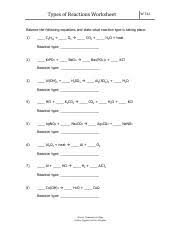 Actually, the balancing equation worksheet is mainly used for balancing the chemical equations. Re1 Pdf Types Of Reactions Worksheet W 326 Balance The Following Equations And State What Reaction Type Is Taking Place 1 C5h12 O2 Co2 H2o Heat Course Hero