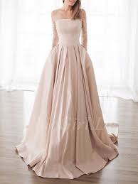 Finden sie ihr perfekte brautkleid bei uns. A Linie Brautkleid Rosa Blush Satin Mit Tull Armel Illusion Ausschnitt Perlen Taschen