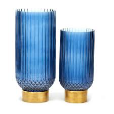 Sullivan Set Of 2 Blue Ribbed Glass Candleholders Vases With Brass Base Ross Simons