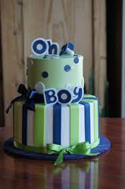 Green And Blue Baby Shower Cake With Stripes And Polka Dots Baby Shower Cakes Shower Cakes Blue Baby Shower Cake