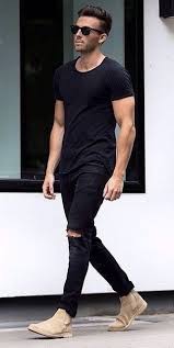 From black chelsea boots to brown chelsea boots, shop now with next day delivery options. Summer Outfit Idea With A Black T Shirt Black Ripped Jeans Beige Chelsea Boots Black Framed Sunglasses Model Unkn Mens Casual Outfits Mens Outfits Stylish Men