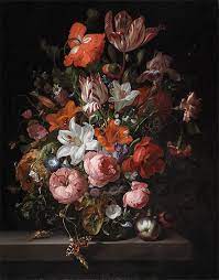 The flowers stand out against a dark background. Flowers In A Glass Vase Rachel Ruysch Gemalde Reproduktion 17770 Topofart