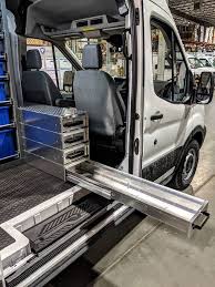 Ford Transit Medium Roof 148 Wb Van Installation By American Van Equipment A 4 Tier Aluminum Slide Drawer Storage Unit An Ford Transit Van Storage Van Racking