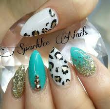 Black And Teal Stiletto Nails Teal White Gold Glitter Cheetah Almond Stiletto Nails Trendy Nails Swag Nails Nails