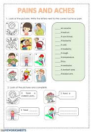 A vocabulary worksheet that highlights the words in the flashcard set above. Pains And Aches Worksheet