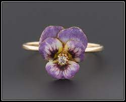 14k Gold Enamel Diamond Pansy Flower Ring Antique Stick Pin Conversion Ring Gold Enamel Flower Ring Pansies Flowers