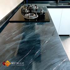 A Beautiful Metallic Black Marble Design With Natural Silver Veins To Refurbish This Countertop A Epoxy Countertop Countertop Design Black Marble Countertops