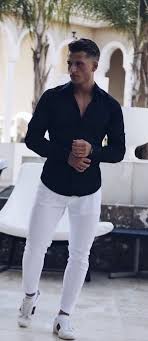 Black And White Pants Men Summer Outfit Inspiration With A Black Long Sleeve Shirt With White Pants Watch No Show Socks White Guc Trendy Mens Fashion Mens Fashion Summer White Pants Men
