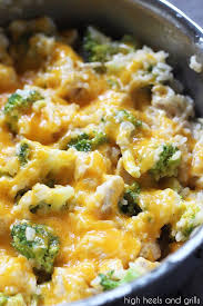 Broccoli, rice, chicken chunks, and cheese cook in one pot for a delicious dinner. One Pan Cheesy Chicken Broccoli Rice Casserole High Heels And Grills