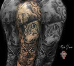 Color tattoos, realistic tattoos, animal tattoos. Animals Tattoo Bear Wolf Owl Realistic Tattoo Animal Tattoo Tattoos Wolf Tattoos