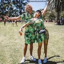 Mens outfits festival looks music festival outfits festival outfits men rave outfits men mens crop top urban fashion. Groovy Green Couple Set Green Sunset This Couple Dressing In Matching Hawaiian Prints For A Mus Rave Couple Outfits Hawaiian Outfit Matching Couple Outfits