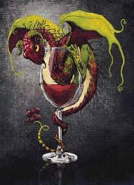 Model stitched two over two on 32 ct. Red Wine Dragon By Stanley Morrison