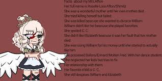 Hope you enjoyed it ^^ remember this is my own story on how she died and as much as i'd love to hear your versions, please do not criticise me for sharing my. Facts About My Fnaf Au S Characters Part 1 Mrs Afton Tw Child Neglect Self Harm Death Gachafnaf