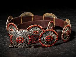 Sterling Silver and Coral Cluster Concha Belt by Ernest Roy Begay