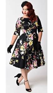 Vintage Style Plus Size Black Seville Floral Half Sleeve Hepburn Swing Dress Plus Size Vintage Dresses Plus Size Dresses Rockabilly Fashion Outfits