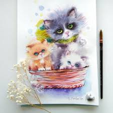 u seroj mamy koshki zelenye glaza sidit ona v lukoshke a ryadom egoza pushistyj ryzhij hvostik i ogonki v glazah na meste artwork watercolor drawing watercolor