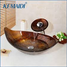 Stainless steel sinks, sinks, faucets, high end, interior design, sharp, smooth, modern, zuhne. Kemaidi Waterfall Faucet Tempered Glass Bathroom Sink Set Retro Style Glass Bowl Bathroom Sink Leaf Art Wash Basin With Drain Bathroom Sinks Aliexpress