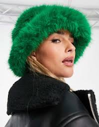 Daisy Street Oversized Bucket Hat In Green Faux Fur