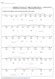 Three Addends Fill In The Missing Numbers Decimals Addition Number Line First Grade Math Worksheets