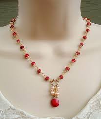 Red Coral Stone Pendant Necklace Freshwater Pearls Beaded Stone Pendants Coral Jewelry Black Beaded Jewelry