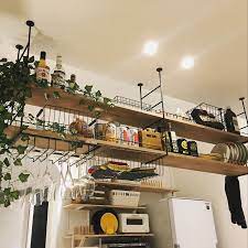 シーリングシェルフ キッチン 吊り下げ棚 照明 diy などのインテリア実例 2018 08 24 15 59 10 roomclip ルームクリップ インテリア ロフトキッチン リビング キッチン