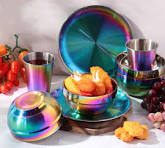 Amazon.com | Layhit 30 Pcs Rainbow Stainless Steel Dinnerware Set Include  Set of 10 Plates Bowls Cups Iridescent Cooking Tableware Reusable Metal ...