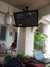 This delivers a wider range on the viewing angle and it won't limit the audience to one viewing area, allowing users to tilt the tv toward the patio, the pool, the fire pit, or anywhere else. Outdoor Patio Tv Mounting Patio Tv Backyard Patio Backyard
