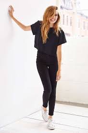 Black Crop Top High Waisted Jeans And White Sneakers Perfect Fashion Clothes Style