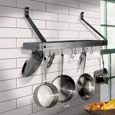 Wall mount pot rack with size 17 x 1.2 x 1.5 can be used for hanging pots, pans and kitchen utensils, as a pot holder or lid holder, also ideal for hanging coffee mugs, brushes. Enclume Handcrafted Gourmet Flared Arm Deep Bookshelf Wall Mounted Pot Rack Wayfair