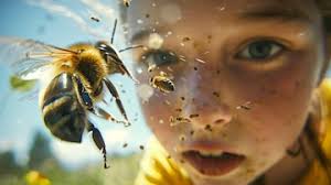 Curious child observing a flying bee and smaller bees with pollen in the  air
