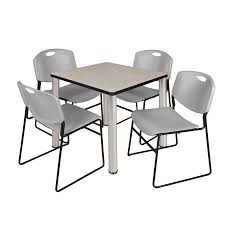 Kee 30 Inch Square Breakroom Table Maple Chrome 4 Zeng Stack Chairs Grey Silver Break Room Versatile Table Square Tables
