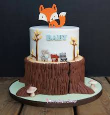 Woodland Baby Shower Cake Featuring A Cute Fox And Wood Stump Animal Baby Shower Cake Baby Shower Cakes Baby Shower Woodland