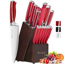 emojoy ensemble de couteaux bloc couteau de cuisines 15 pieces set couteaux professionnels couteaux acier inoxydable alle bois rouge couteau de cuisine couteau