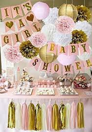 Looking for ideas for baby shower decoration ideas? Rose Gold Baby Shower Decor It S A Girl Baby Shower Banners With Pink Gold White Paper Lanterns And Pom Poms Rose Gold Baby Shower Gold Baby Shower Decorations Girl Baby Shower
