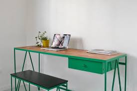 Green Study Desk With Drawer And Reclaimed Parquet Wood Table Top Wood Table Top Desk With Drawers Table Tops For Sale