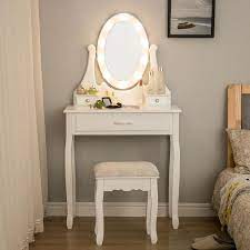 Coiffeuse avec miroir lumineux moderne. Coiffeuse Avec Un Miroir Et Lampe A Led Table De Maquillage Avec Un Tabouret Et 3 Tiroirs Cdiscount Maison