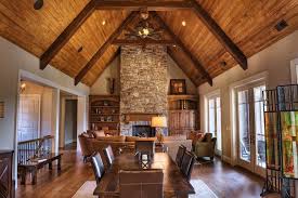 Wood Beam Ceilings Living Room Rustic With Wide Plank Vaulted Ceiling Timber Frame Vaulted Ceiling Living Room Traditional Family Rooms Family Room Design