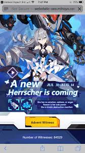Redeem this exchange code to get: Go To The Website For Honkai Impact 3rd And Press Advent Witness To Get A Code And Receive A 5 Star Weapon And 60 Crystals R Honkaiimpact