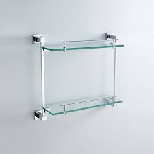 Sleek glass edge grinding processing, security. Modern Contemporary Chrome Finish Silver Double Layer Bath Shelf Brass Wall Mounted Glass Shelf With Rail