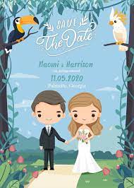Cute Bride And Groom With Tropical Wedding Theme Save The Date Invitation Card Template Contoh Undangan Pernikahan Undangan Pernikahan Pernikahan