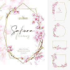 Sakura Frames Watercolor Floral Geometric Clipart Pink Gold Cherry Blossom Flowers Wedding Bridal Delicate Spring Branches Png Cherry Blossom Clip Art Floral Watercolor Clip Art
