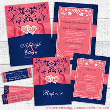 Coral Pink And Navy Floral Joined Hearts Printed Ribbon Wedding Invitation Navy Wedding Invitations Wedding Invitation Ribbon Coral Wedding Decorations