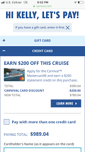 $100 gift cards cost $90 and 1000 points, while $500 gift cards are $450 and 5000 points. Carnival World Mastercard From Barclay Special Offer Carnival Cruise Lines Cruise Critic Community