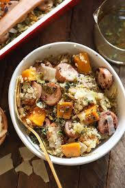 How to make chicken apple sausage one pan pasta. Chicken Apple Sausage Quinoa Casserole With Shredded Brussel Sprouts Fit Foodie Finds