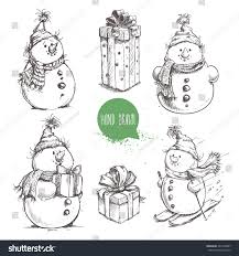 Sketch Style Snowman And Christmas Gift Boxes Set Hand Drawn Vector Illustration Christmas Gift Box Cartoon Style Drawing Hand Drawn Vector Illustrations