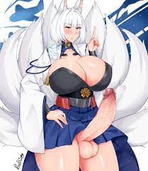 1futa animal ears azur lane balls bangs big breasts blue eyes  blue skirt blush breasts cleavage clothed clothing erection fox fox ears  fox tail futa only futanari huge breasts